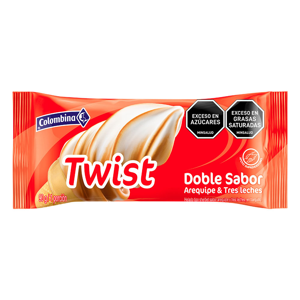 Cono Twist Arequipe & Tres Leches Colombina, empaque y etiquetas originales