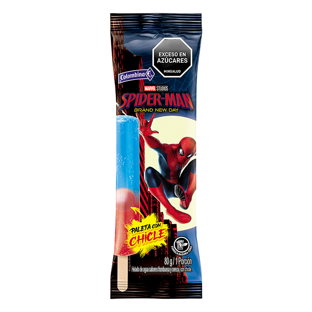 Paleta con chicle Spider-Man Colombina, empaque y etiquetas originales